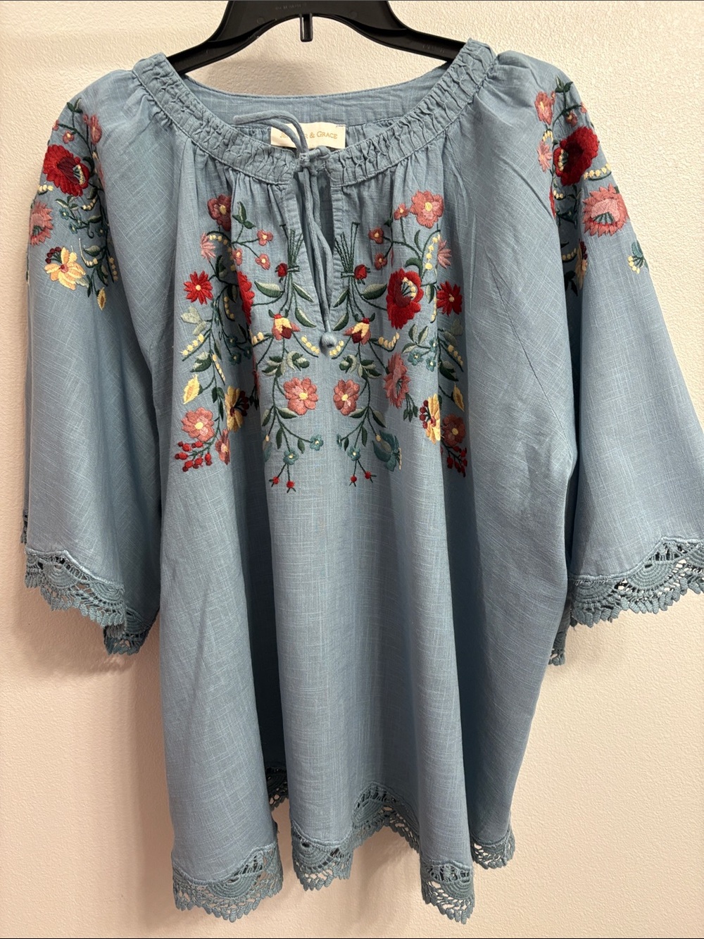 Blue Embroidered Peasant Blouse with Crochet Trim